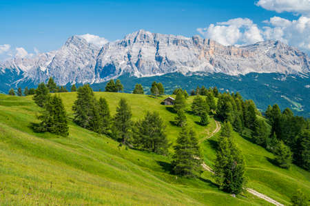Val Badia and Sas dla Crusc seen from the Peitlerkofel, near Antermoia, in the Dolomitesの写真素材