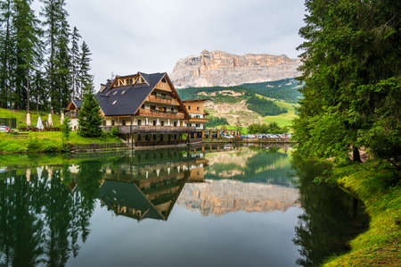 Little alpine lake dla le, near La Villa in the Dolomites of Val Badia, facing Sas dla Cruscの写真素材