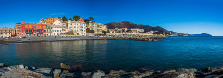 The beach and the fisher village of Vernazzola, not far from the center of Genoa, Italyのeditorial素材