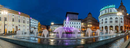 Piazza De Ferrari, square in heart of Genoa, illuminated with Christmas decorations.のeditorial素材
