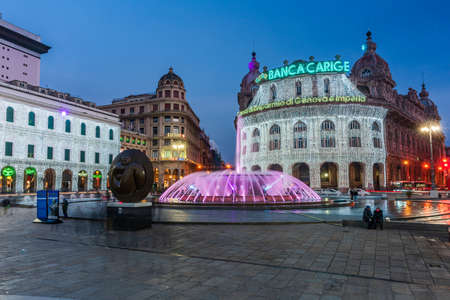 Piazza De Ferrari, square in heart of Genoa, illuminated with Christmas decorations.のeditorial素材