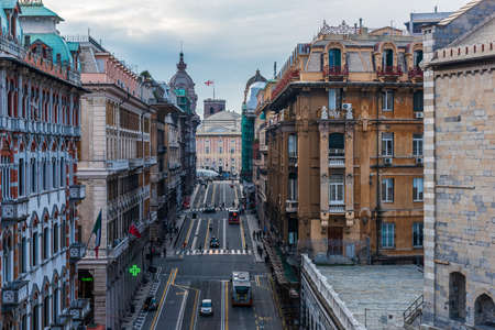 View of  via XX settembre and Doge's Palace at the top in the center of Genoa, Italyのeditorial素材