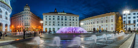 Piazza De Ferrari, square in heart of Genoa, illuminated with Christmas decorations.のeditorial素材