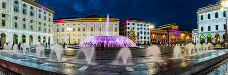 Piazza De Ferrari, square in heart of Genoa, illuminated with Christmas decorations.のeditorial素材