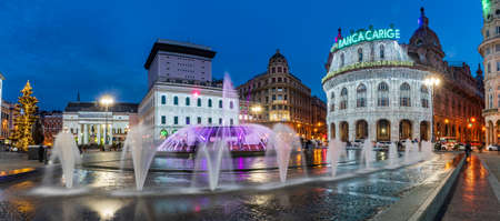 Piazza De Ferrari, square in heart of Genoa, illuminated with Christmas decorations.のeditorial素材