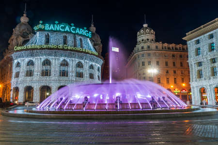 Piazza De Ferrari, square in heart of Genoa, illuminated with Christmas decorations.のeditorial素材