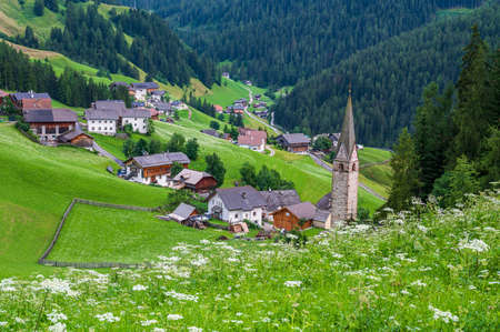 View of the valley of La Val, its village and the landscape of the Dolomitesのeditorial素材