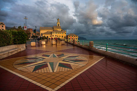Church on the sea promenade of Corso Italia in Genoa, Italyの写真素材