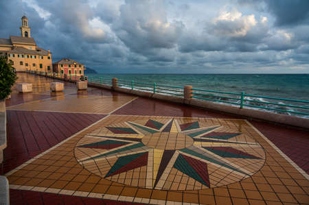 Church on the sea promenade of Corso Italia in Genoa, Italyの写真素材