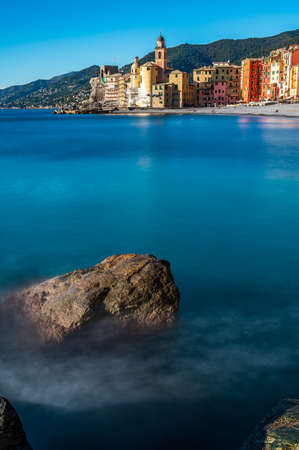 View of the maritime village of Camogli on the Italian Riviera, with its colorful housesの写真素材