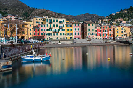View of the old colorful houses of the village of Nervi, part of the town of Genoa, Italyの写真素材