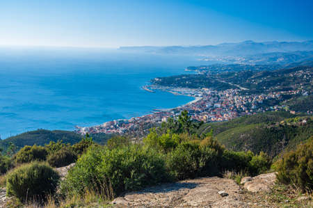 View of the village of Varazze and its shore, from the hillsの写真素材