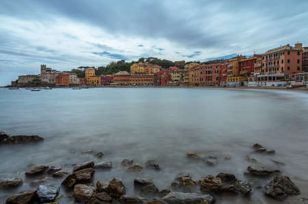 The old town of Sestri Levante, with its colorful houses, facing on the Baia del Silenzio, one of the best site of the Italian Rivieraの写真素材