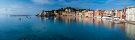 The old town of Sestri Levante, with its colorful houses, facing on the Baia del Silenzio, one of the best site of the Italian Rivieraの写真素材