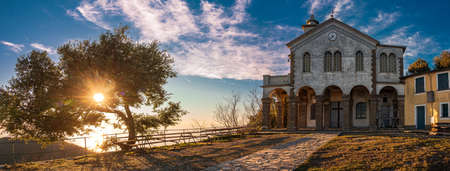 Sanctuary of Our Lady of Caravaggio at the top of Orsena Mount in the commune of Rapalloの写真素材
