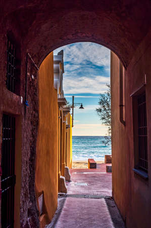 A little piece of sea seen from the old town of Varigotti on the italian Rivieraの写真素材