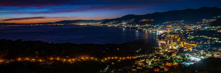 View of the village of Camogli and the shore during the blue hourの写真素材