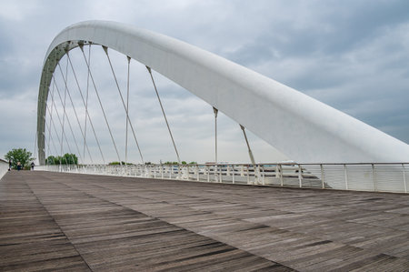 Bridge on the River Tanaro built by Richard Maier to connect the old town to the Cittadella of Alessandriaの写真素材