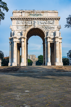 Triumphal Arch erected for the italian victory in the first world war in Victory Square in Genoaの写真素材