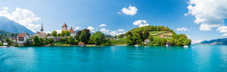 The old town of the village of Spiez on the shore of the lake of Thun in Canton of Bern, Switzerlandの写真素材