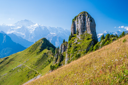 Schynighe Platte a beautiful panoramic plateau over Thunersee and Brienzersee and Bernese Alpsの写真素材