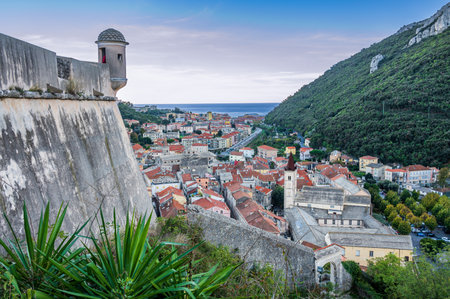 View of the old town of Finalborgo from the Forte San Giovanniの写真素材