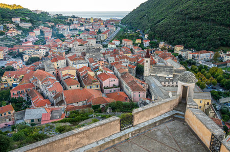 View of the old town of Finalborgo from the Forte San Giovanniの写真素材
