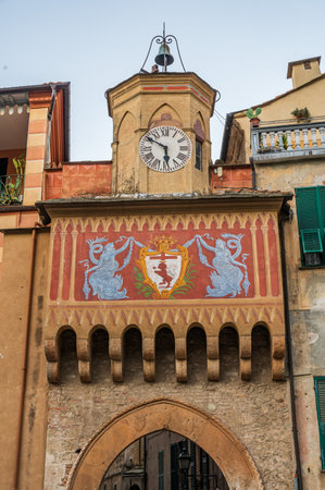 The Gate of Porta Testa, the access to the old town of Finalborgo, ancient village in Liguriaの写真素材