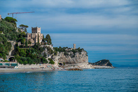 Sandy beach of the village of Finale Ligure on the Italian Rivieraの写真素材