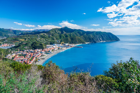 View over the bay of Riva Trigoso, from the trail of Punta Manara, on the Italian Rivieraの写真素材