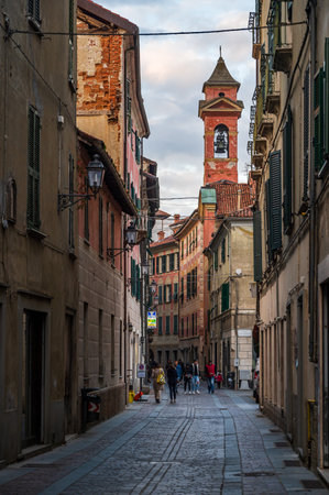 Clock Tower in the old town of Ovada, Piedmont, Italyのeditorial素材