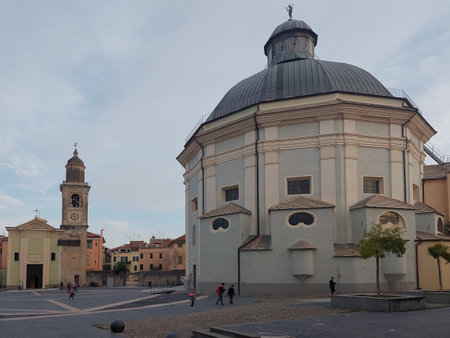 Church on the main square of Loano, village on the Italian Rivieraのeditorial素材
