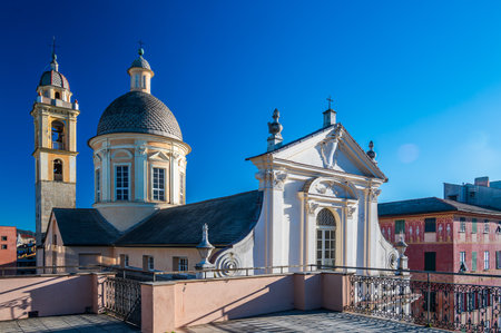View of the Saint Francis Church in the old town of Chiavari, little town on the Italian Rivieraの写真素材