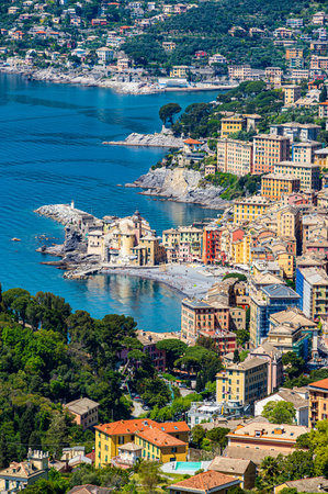 View of the old town of Camogli taken from the hills above the villageの写真素材