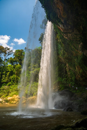 Misol Ha waterfall consists of one single cascade of 35 m in height that falls into a single, almost circular, pool amidst tropical vegetation. It is situated in Chiapas in Southern Mexicoの写真素材