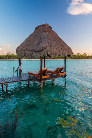 Wonderful lagoon with turquoise water in Bacalar, Mexicoの写真素材