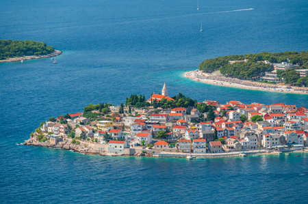 View of the old town of Primosten an ancient fishing village on the Croatian Coast near Sibenikの写真素材