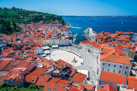 Cityscape of the old town of Piran an ancient village on the coast of Sloveniaの写真素材