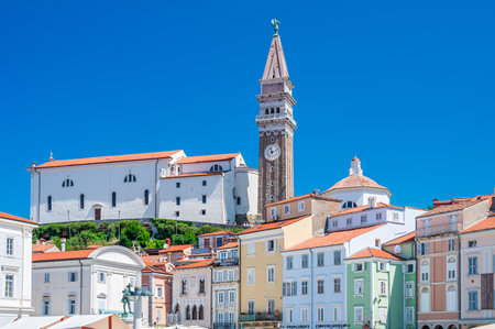 The Dom of Saint George, main church in the ancient village of Piran, Sloveniaの写真素材