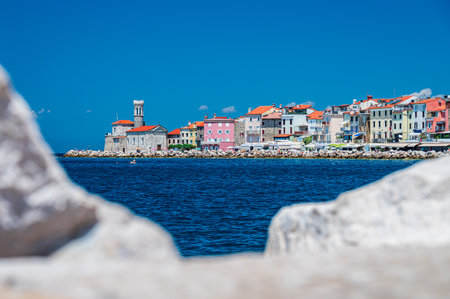 Cityscape of the old town of Piran an ancient village on the coast of Sloveniaの写真素材