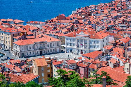 Cityscape of the old town of Piran an ancient village on the coast of Sloveniaの写真素材