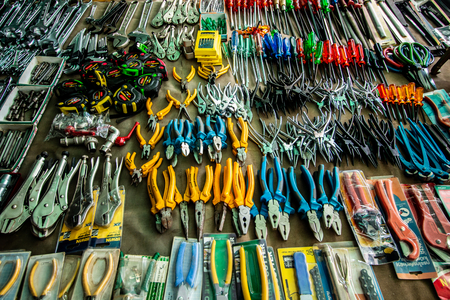 Bangkok , Thailand - Jul 14, 2018: different mechanic tools on brown leather background , engineer instrument collections , tool kit for repair .のeditorial素材