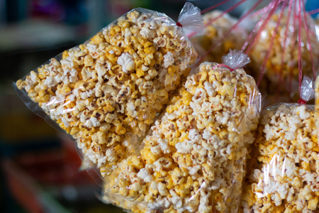 sweet popcorn , delicious tasty dessert snack common thai style food .の写真素材