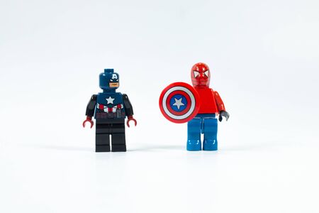 Bangkok Thailand-Aug2018: marvel avenger collection superhero , captain america and spiderman with shield on white background , funny concept minifigures toys for children .のeditorial素材