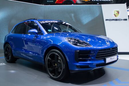 Thailand - Dec , 2018: porsche macan blue color , expensive car presented in motor expo Nonthaburi Thailandのeditorial素材