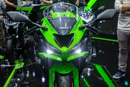 Thailand - Dec , 2018 : close up front view of Kawasaki Ninja green and black color motorbike...
