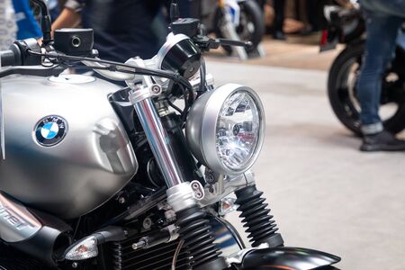 Thailand - Dec , 2018 : close up head and spotlight of BMW motorbike presented in motor expo...