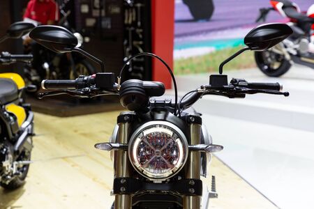 Nonthaburi , Thailand - April 3, 2019: close up front view of Scrambler Ducati vintage motorcycle...