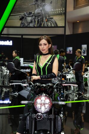 Nonthaburi , Thailand - April 3, 2019: close up front view of Kawasaki vintage style motorbike and...