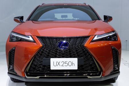 Nonthaburi , Thailand - April 3, 2019: close up front view of Lexus UX 250 h sports car presented in motor show Thailand .のeditorial素材